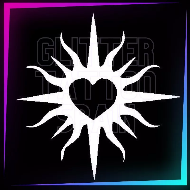Sun with heart stencil, 6.9 cm tall, for temporary tattoos using glitter, body paint, airbrush and henna.