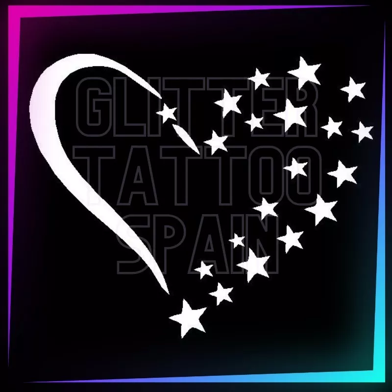Heart with stars stencil, 5.5 cm tall, for temporary tattoos using glitter, body paint, airbrush and henna.