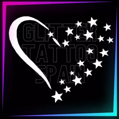 Heart with stars stencil, 5.5 cm tall, for temporary tattoos using glitter, body paint, airbrush and henna.