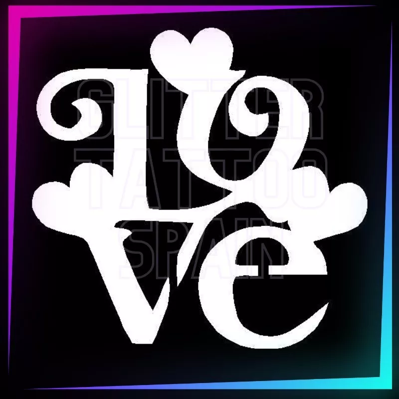 Love with hearts stencil, 5 cm tall, for temporary tattoos using glitter, body paint, airbrush and henna.