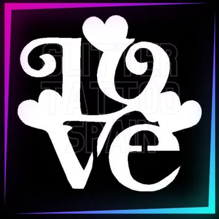Love with hearts stencil, 5 cm tall, for temporary tattoos using glitter, body paint, airbrush and henna.