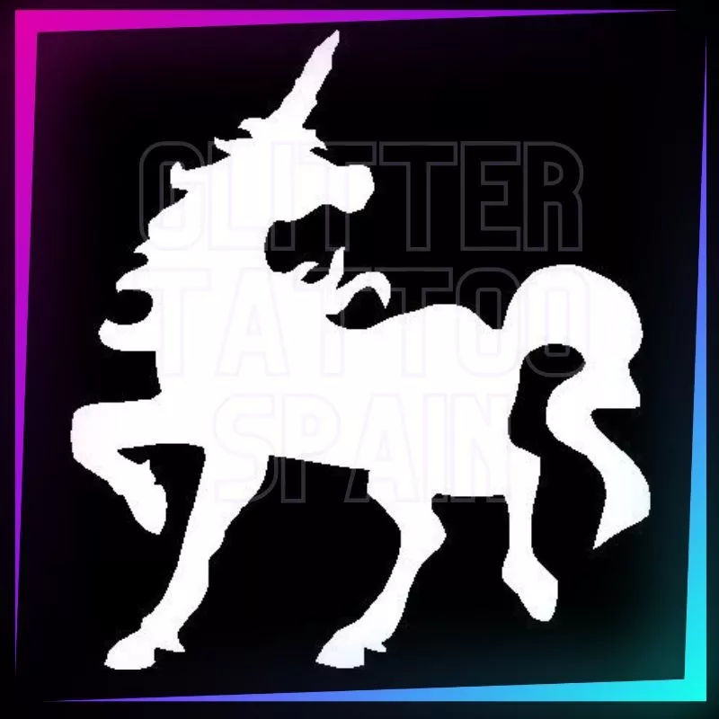 Plantilla de unicornio de 7 cm de alto para tatuajes temporales de purpurina, pintura corporal, aerógrafo y henna.