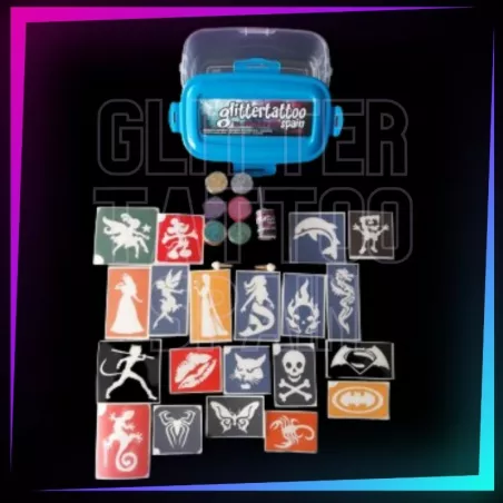 Pack of 10 Glitter Tattoo Kits with stencils, glitter, body glue and brushes.