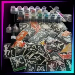 Kit professionnel moyen de tatouages pailletés avec 150 pochoirs, colle corporelle, peinture noire, paillettes et pinceaux.
