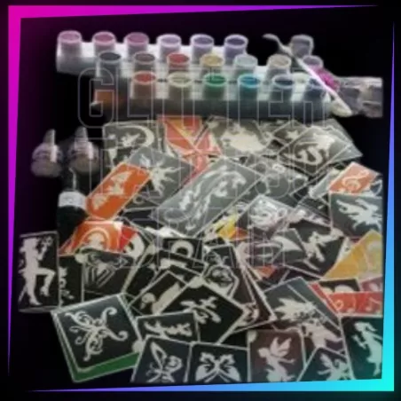 Purpurina con 150 plantillas, cola corporal, pintura corporal negra, purpurina y pinceles.