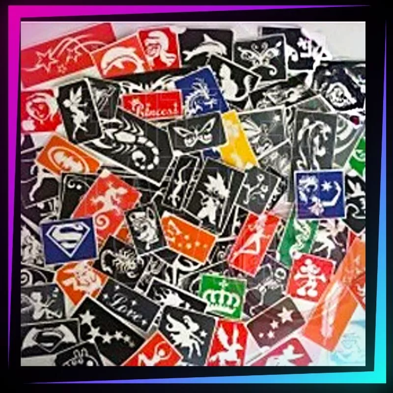 Pack de 50 plantillas variadas para tatuajes temporales de purpurina, pintura corporal, aerógrafo y henna.