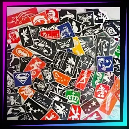 Pack of 100 assorted stencils for temporary tattoos using glitter, body paint, airbrush and henna.