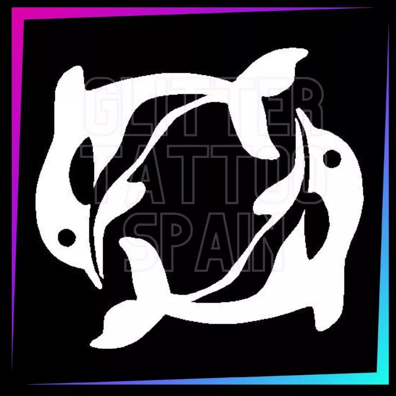 Plantilla de 2 delfines de 6 x 6 cm para tatuajes temporales de purpurina, pintura corporal, aerógrafo y henna.