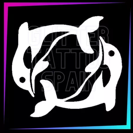 Plantilla de 2 delfines de 6 x 6 cm para tatuajes temporales de purpurina, pintura corporal, aerógrafo y henna.