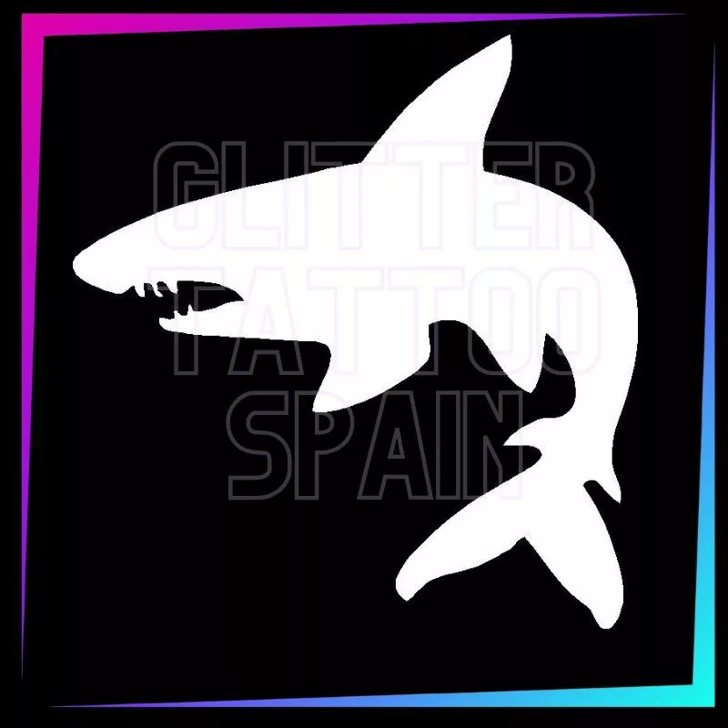 Shark 5.5 cm tall design for temporary tattoos using glitter, body paint, airbrush and henna.