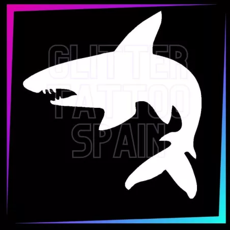 Shark 5.5 cm tall design for temporary tattoos using glitter, body paint, airbrush and henna.