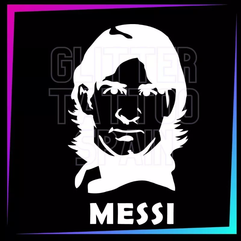 Plantilla Messi 7,5 x 4,5 cm para tatuajes temporales de purpurina, pintura corporal, aerógrafo y henna.