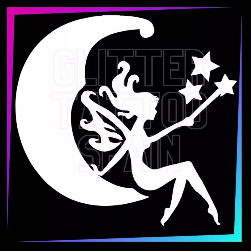 Plantilla de tatuaje temporal - hada sentada en la luna con 3 estrellas en la mano