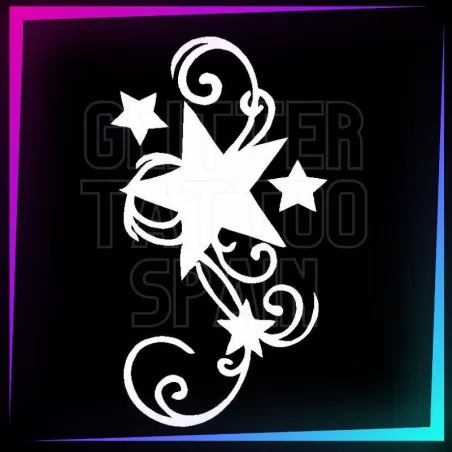 4 Star Swirl 8 cm tall design for temporary tattoos using glitter, body paint, airbrush and henna.