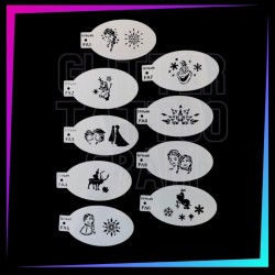 Pack de 9 pochoirs ovales La Reine des Neiges pour face painting et aérographe avec Elsa, Anna, Olaf et flocons de neige.