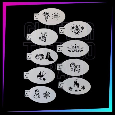 Pack de 9 plantillas ovaladas de Frozen para face painting y aerógrafo con Elsa, Anna, Olaf y copos de nieve.