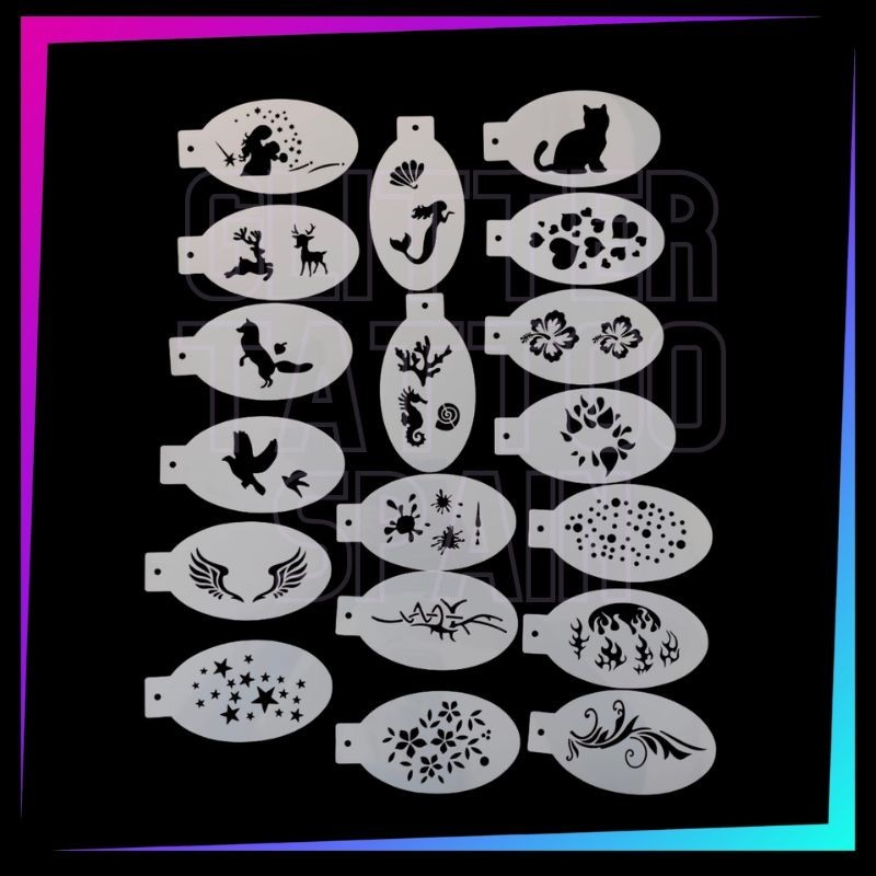 Pack de 18 plantillas de Mylar con hadas, gatos, sirenas, flores, alas, estrellas y  para face painting y aerografía.