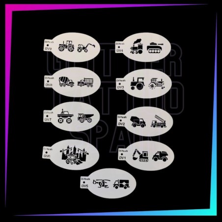 Pack de 9 plantillas de vehículos, tractores, camiones y maquinaria para face painting y aerografía.