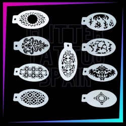 Pack of 9 texture and decorative pattern stencils for face painting, airbrush and artistic makeup.