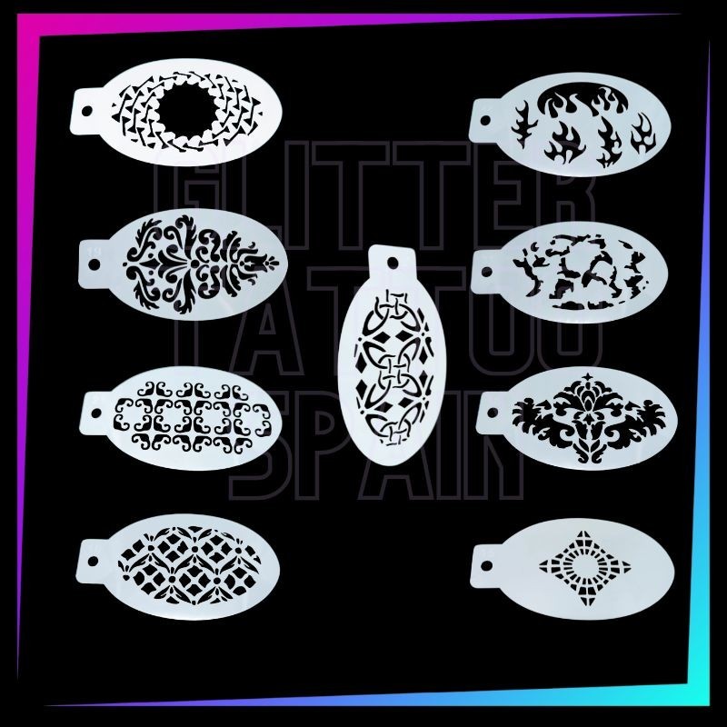 Pack de 9 plantillas de texturas y patrones decorativos para face painting, aerografía y maquillaje artístico.