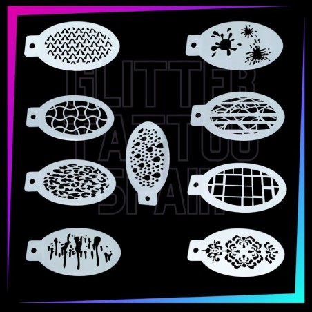 Pack de 9 plantillas de texturas para face painting, aerografía con efectos de rejilla, manchas, grietas y patrones decorativos.