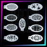 Pack de 9 plantillas de texturas para face painting, aerografía con efectos de rejilla, manchas, grietas y patrones decorativos.