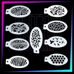Pack of 9 animal and natural texture stencils for face painting, airbrush and artistic makeup.