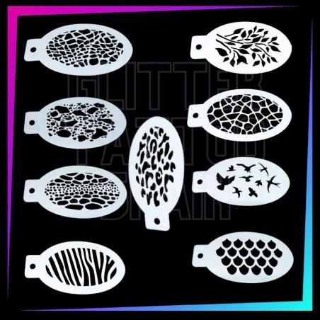 Pack de 9 plantillas de texturas animales y naturales para face painting, aerografía y maquillaje artístico.