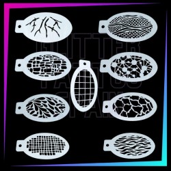 Pack of 9 texture stencils for face painting, airbrush, featuring crack, grid, skin and abstract pattern effects.