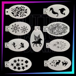 Pack de 9 pochoirs avec animaux, fleurs, fées, chats, étoiles et motifs décoratifs pour face painting et aérographe.