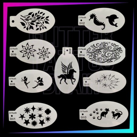 Pack de 9 plantillas con animales, flores, hadas, gatos, estrellas y diseños decorativos para face painting y aerografía.