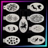 Pack de 9 plantillas con animales, flores, hadas, gatos, estrellas y diseños decorativos para face painting y aerografía.