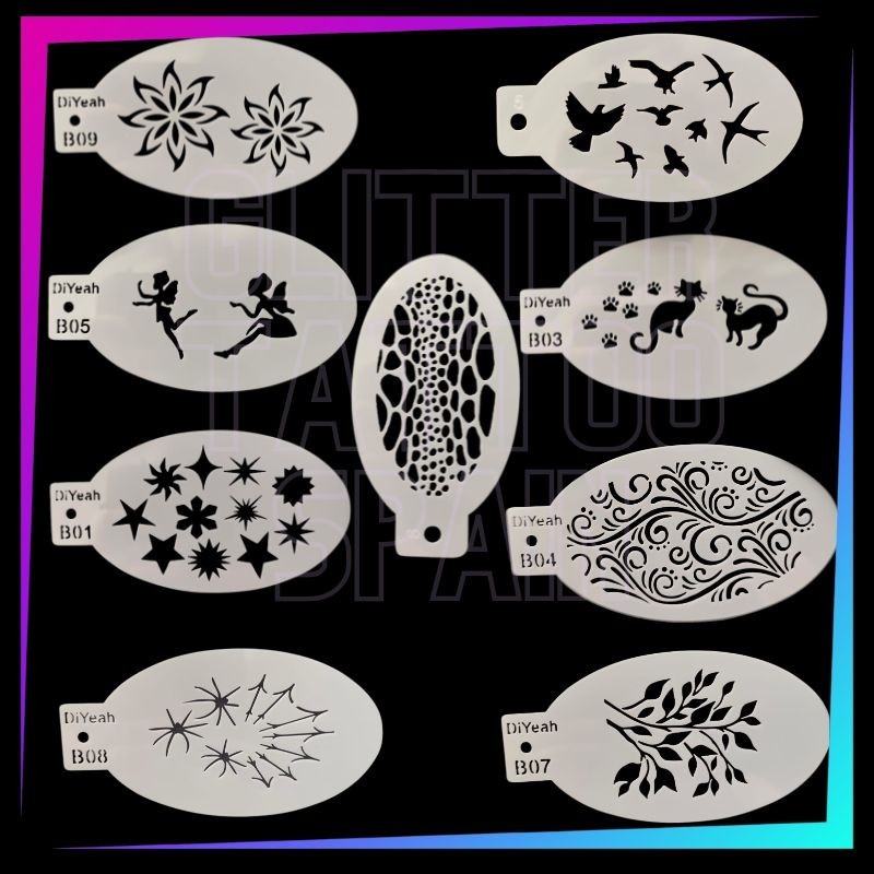 Pack de 9 plantillas de fantasía y naturaleza para face painting, tatuaje temporal de aerógrafo y maquillaje artístico.