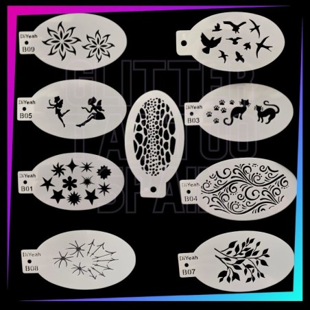 Pack de 9 plantillas de fantasía y naturaleza para face painting, tatuaje temporal de aerógrafo y maquillaje artístico.