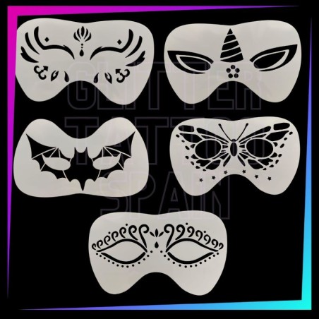 Pack de 5 plantillas antifaz de fantasía para face painting y aerografía de 20 x 12 cm