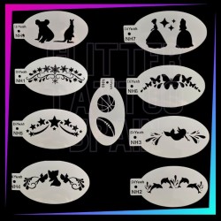 Pack de 9 pochoirs enfants assortis pour face painting, tatouages temporaires à l’aérographe et maquillage artistique.