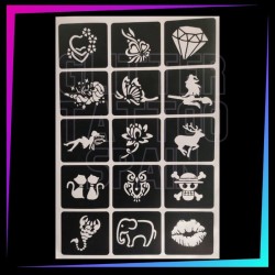 Pack of 15 assorted Low Cost stencils for glitter tattoos, body painting and airbrush temporary tattoos.