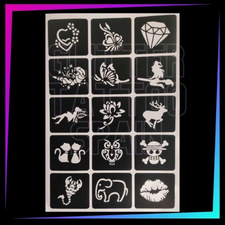Pack of 15 assorted Low Cost stencils for glitter tattoos, body painting and airbrush temporary tattoos.