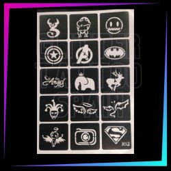 Pack de 15 plantillas Low Cost con diseños de fantasía, superhéroes y símbolos populares para tatuajes temporales.