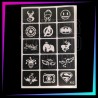 Pack de 15 plantillas Low Cost con diseños de fantasía, superhéroes y símbolos populares para tatuajes temporales.