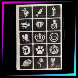 Pack de 15 pochoirs Low Cost avec motifs jeunesse pour tatouages à paillettes, peinture corporelle et aérographe.