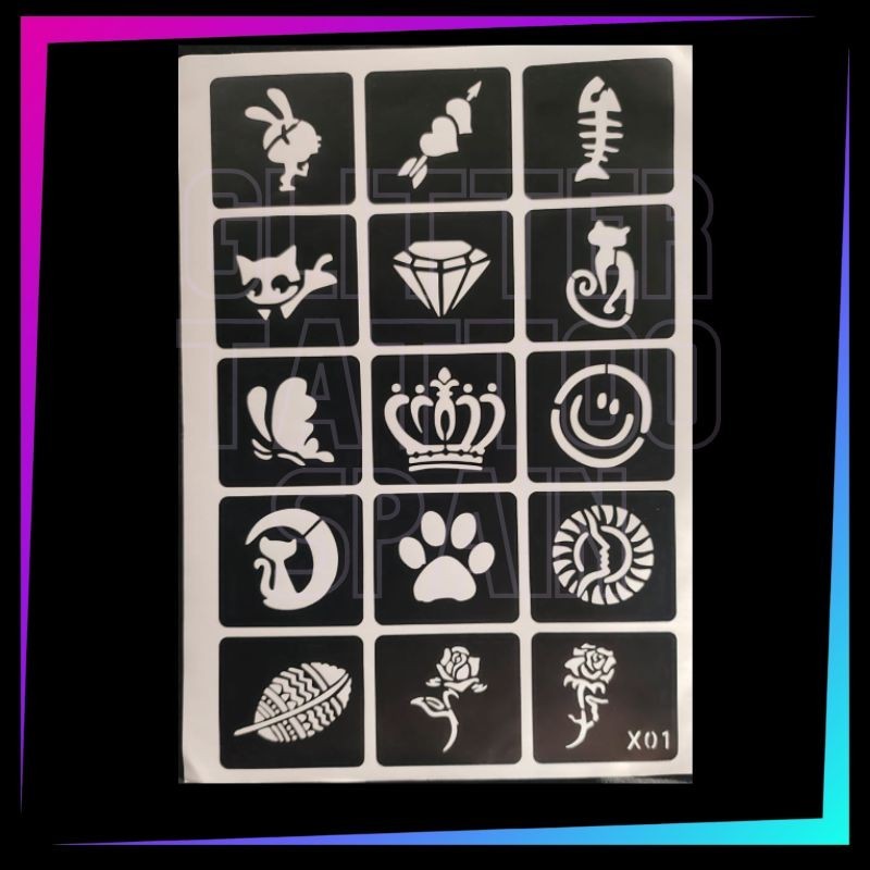 Pack de 15 plantillas Low Cost con diseños juveniles para tatuajes temporales de purpurina, pintura corporal y aerógrafo.