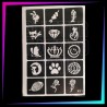 Pack de 15 plantillas Low Cost con diseños juveniles para tatuajes temporales de purpurina, pintura corporal y aerógrafo.