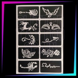 Pack de 10 pochoirs Trendy Low Cost pour tatouages à paillettes, peinture corporelle et aérographe.
