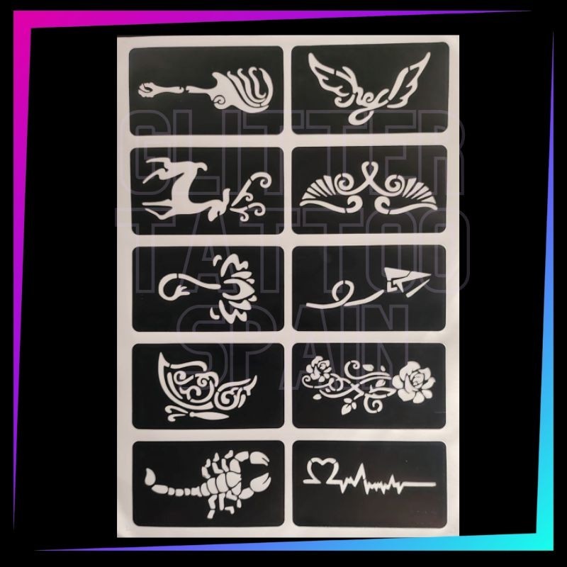 Pack de 10 plantillas Trendy Low Cost para tatuajes temporales de purpurina, pintura corporal y aerógrafo.