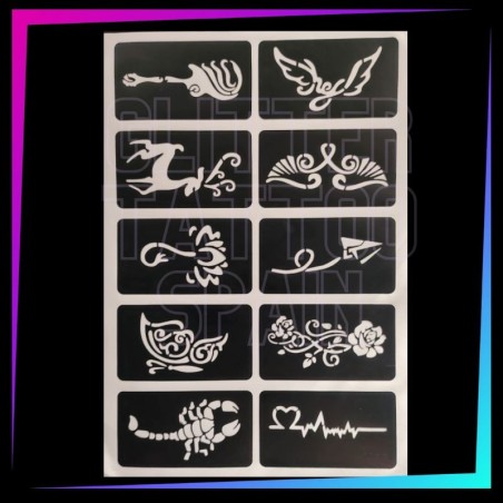 Pack de 10 plantillas Trendy Low Cost para tatuajes temporales de purpurina, pintura corporal y aerógrafo.