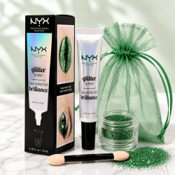 Festival Look Emerald Magic kit with emerald green biodegradable glitter, NYX Glitter Primer, applicator and organza bag.