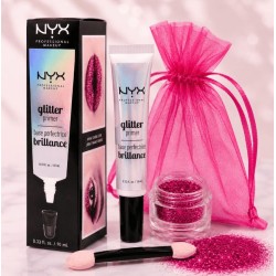 Festival Look Fantasy Fuchsia kit with fuchsia biodegradable glitter, NYX Glitter Primer, applicator and organza bag.