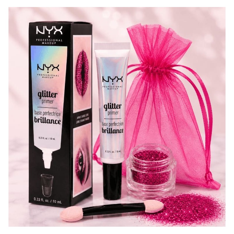 Festival Look Fantasy Fuchsia kit with fuchsia biodegradable glitter, NYX Glitter Primer, applicator and organza bag.