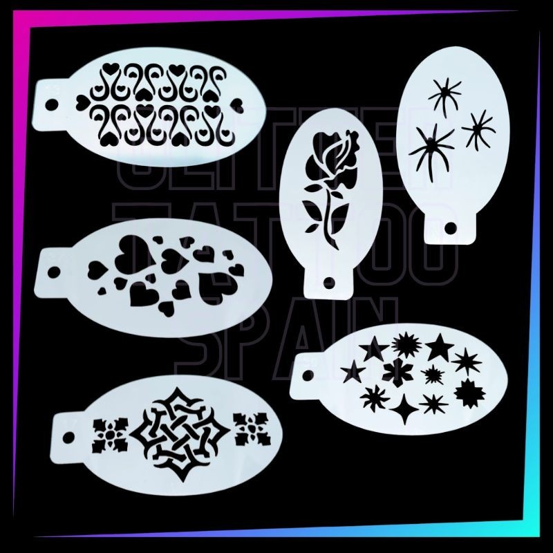 Pack de 6 plantillas Mylar reutilizables Mix Fantasía para tatuajes temporales, face painting y aerógrafo.